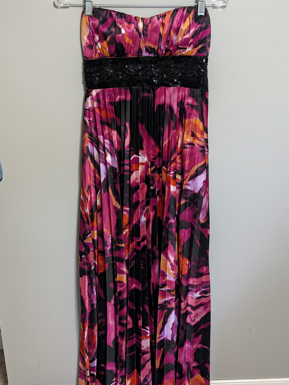 Y2K Speechless Strapless Floral Maxi Dress in Pink, Black & Orange Small